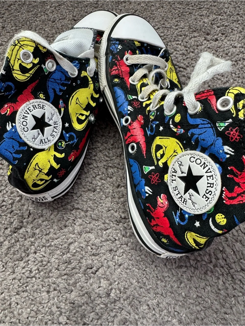 Kids Converse Sneakers with Colorful Dinosaur Print - Black/Yellow/Red/Blue
